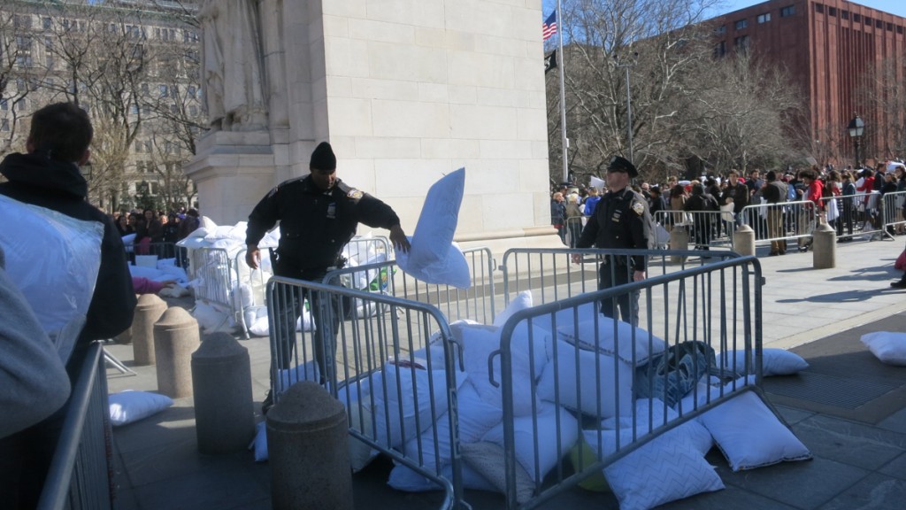 Donating pillows at the International Pillow Fight Day, NYC, 2015